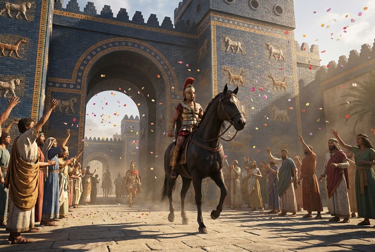 Alexander der Große reitet durch das blaue Ischtar-Tor in Babylon ein, die Menschen jubeln und werfen Blütenblätter