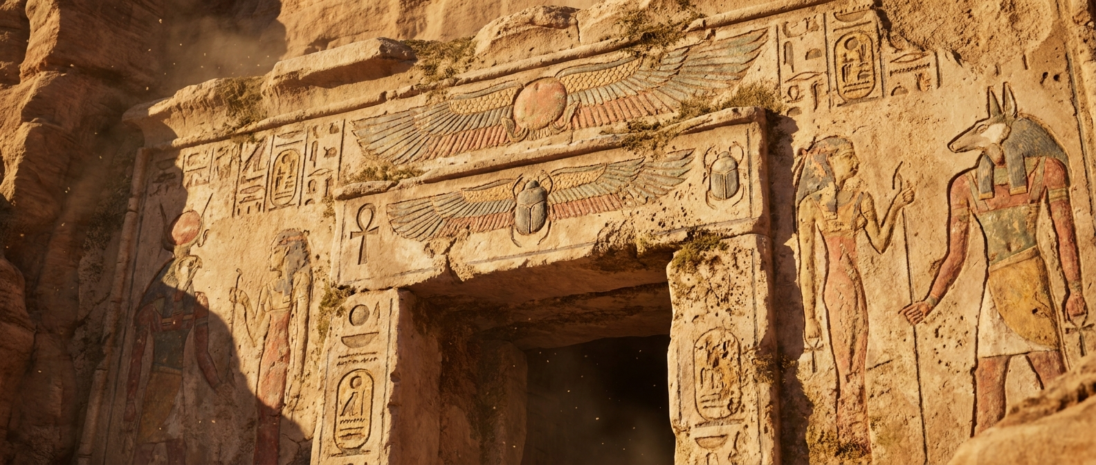 Eine verwitterte ägyptische Hieroglyphen- und Reliefdarstellung über einem steinernen Grabeingang