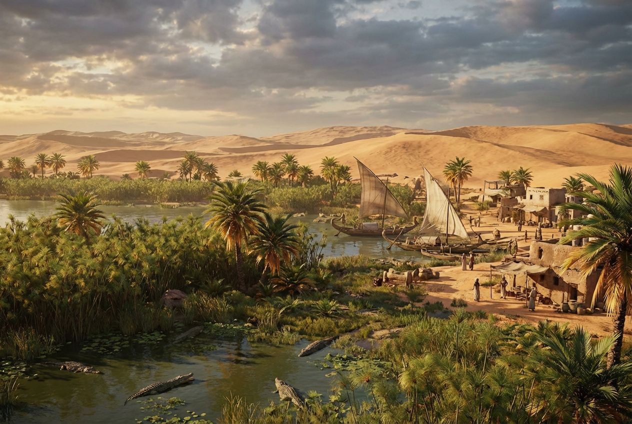 Krokodile liegen im Papyrus am Nilufer, dahinter Segelboote, ein Lehmziegeldorf und die Sanddünen der Wüste