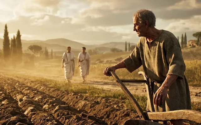 An elderly Roman farmer in a simple tunic pauses his plow and looks toward approaching senators in togas