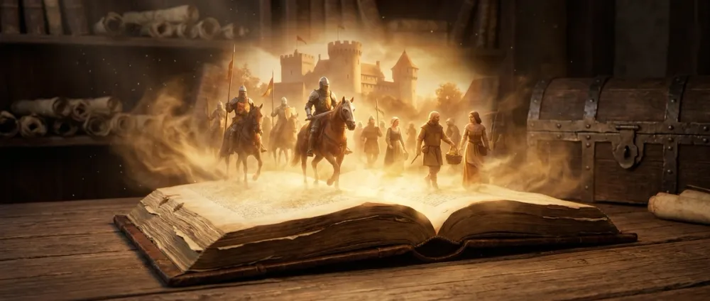 Ein aufgeschlagenes altes Buch, aus dessen Seiten eine leuchtende historische Szene lebendig hervortritt Ein aufgeschlagenes altes Buch, aus dessen Seiten eine leuchtende historische Szene lebendig hervortritt