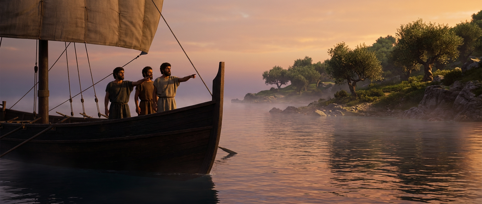 A Bronze Age Greek ship with a dark hull sails into a quiet bay at dawn, men with olive skin and dark curly hair stand at the bow looking toward a green shore
