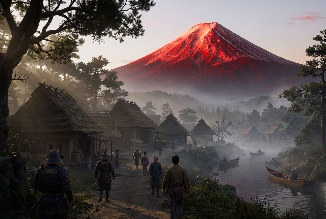 Der Fuji glüht rot im Morgenlicht über einem Dorf mit Strohdächern, Samurai und Bauern gehen am Fluss entlang
