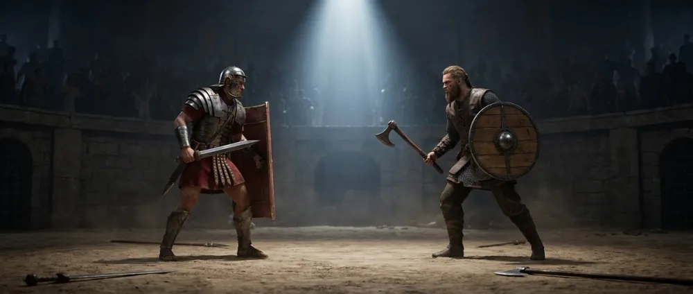 Zwei historische Krieger-Figuren aus unterschiedlichen Epochen treten in einer Duell-Arena gegeneinander an Zwei historische Krieger-Figuren aus unterschiedlichen Epochen treten in einer Duell-Arena gegeneinander an