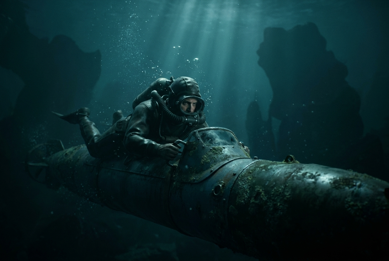 Ein italienischer Kampfschwimmer steuert unter Wasser einen bemannten Torpedo