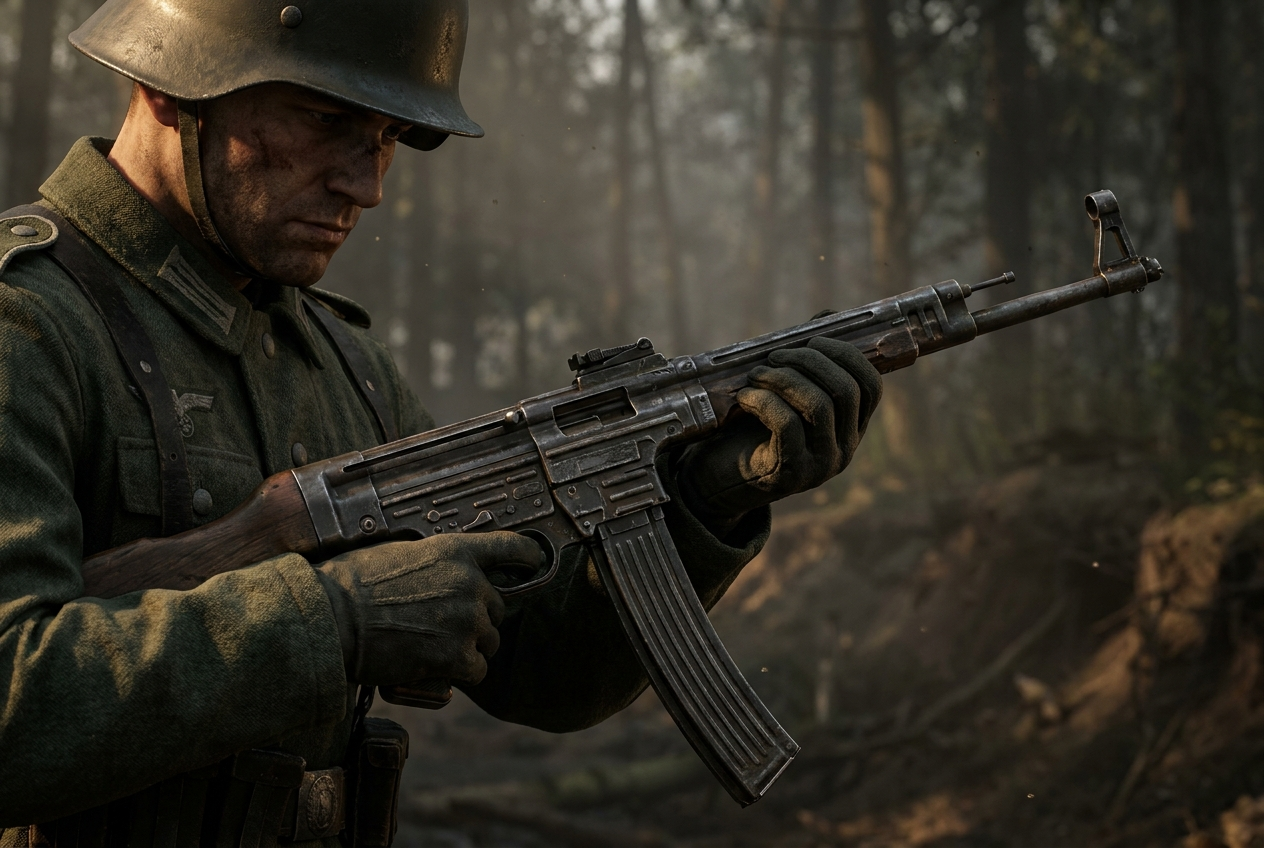 Ein deutscher Soldat hält in einem nebligen Wald ein Sturmgewehr 44