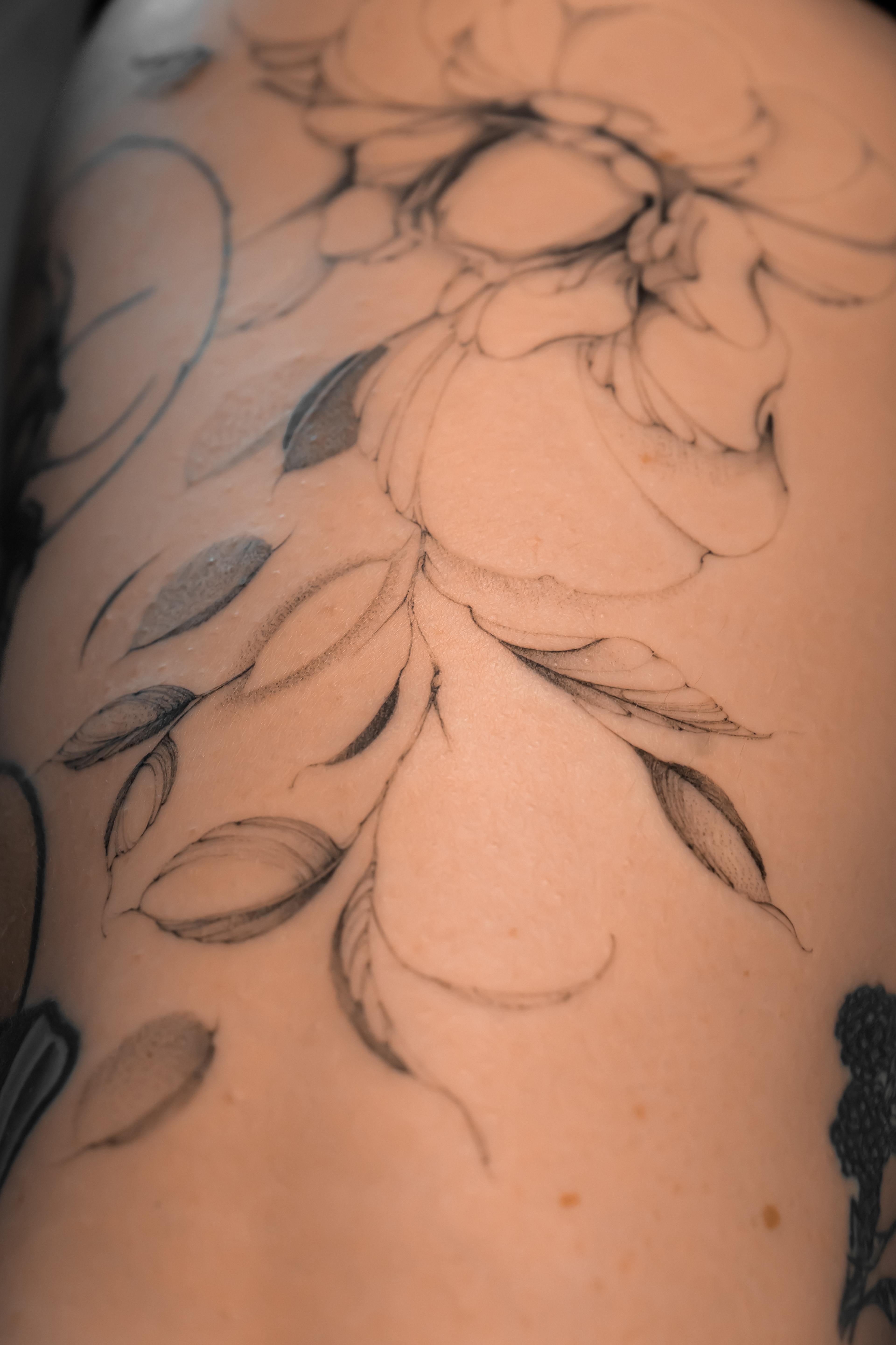 Close view of fine-line peonies and shaded leaves on the leg