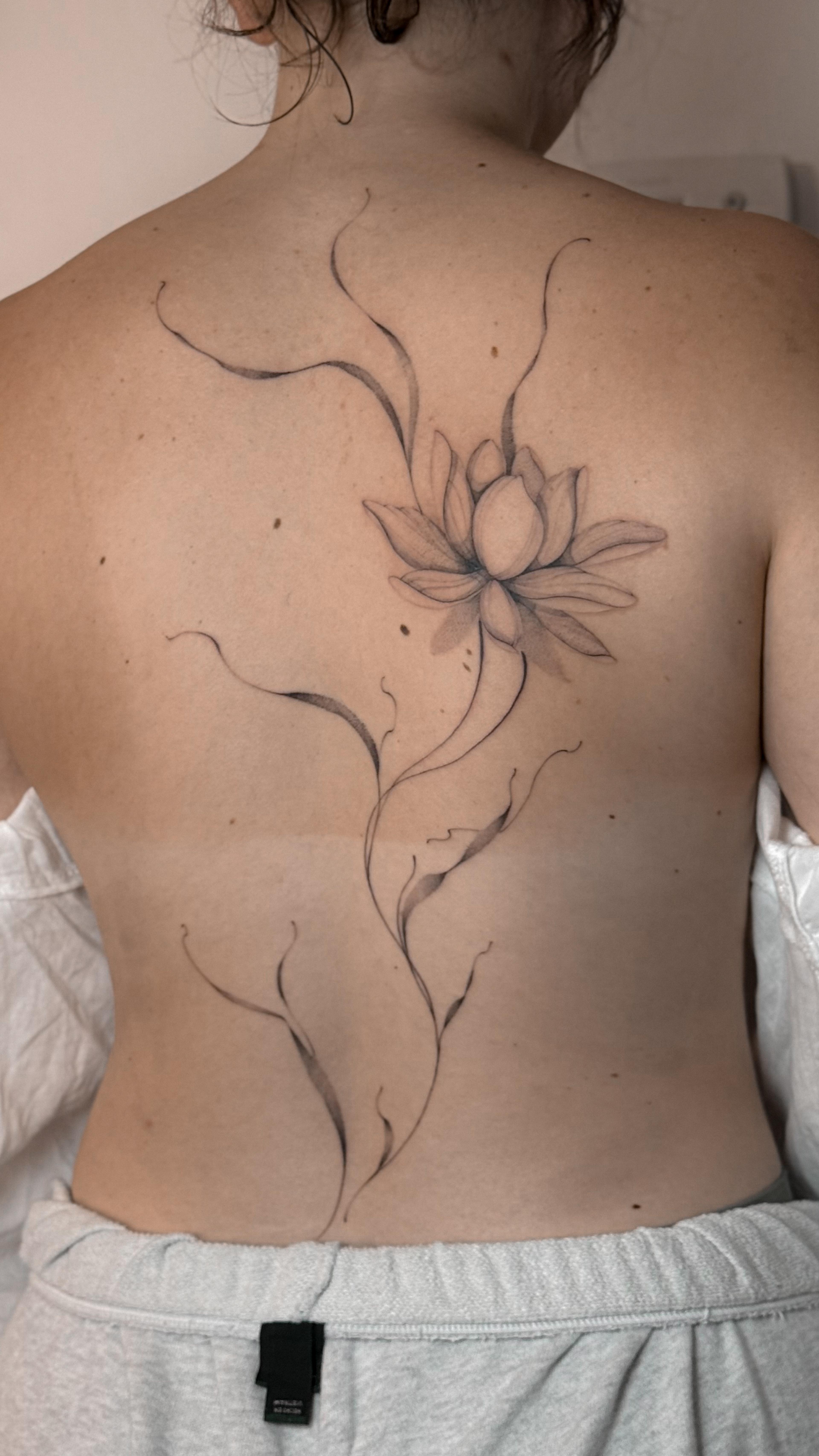 Single lotus with soft ribbons running down the spine