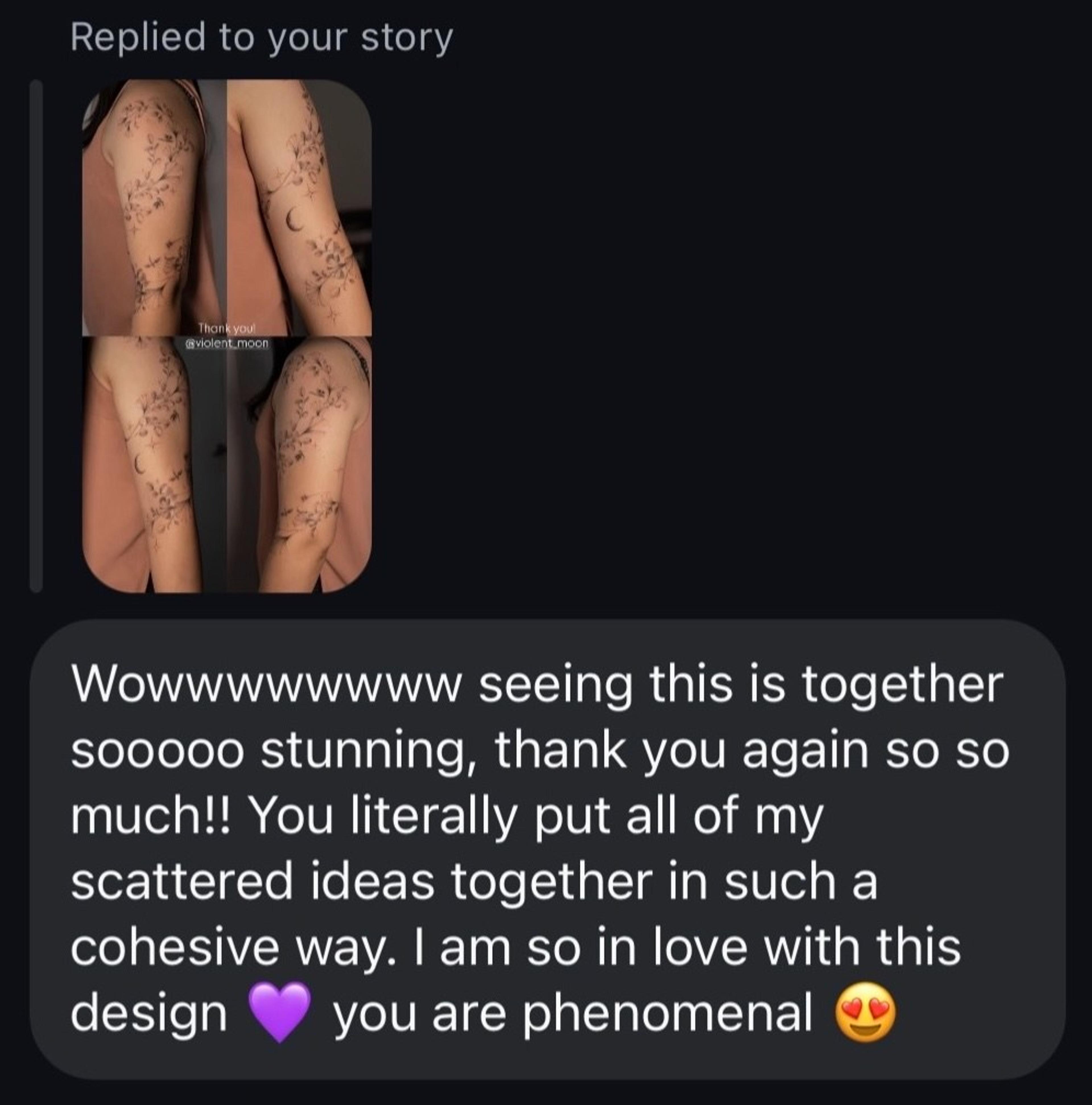 Client review message about a sleeve done over two sittings