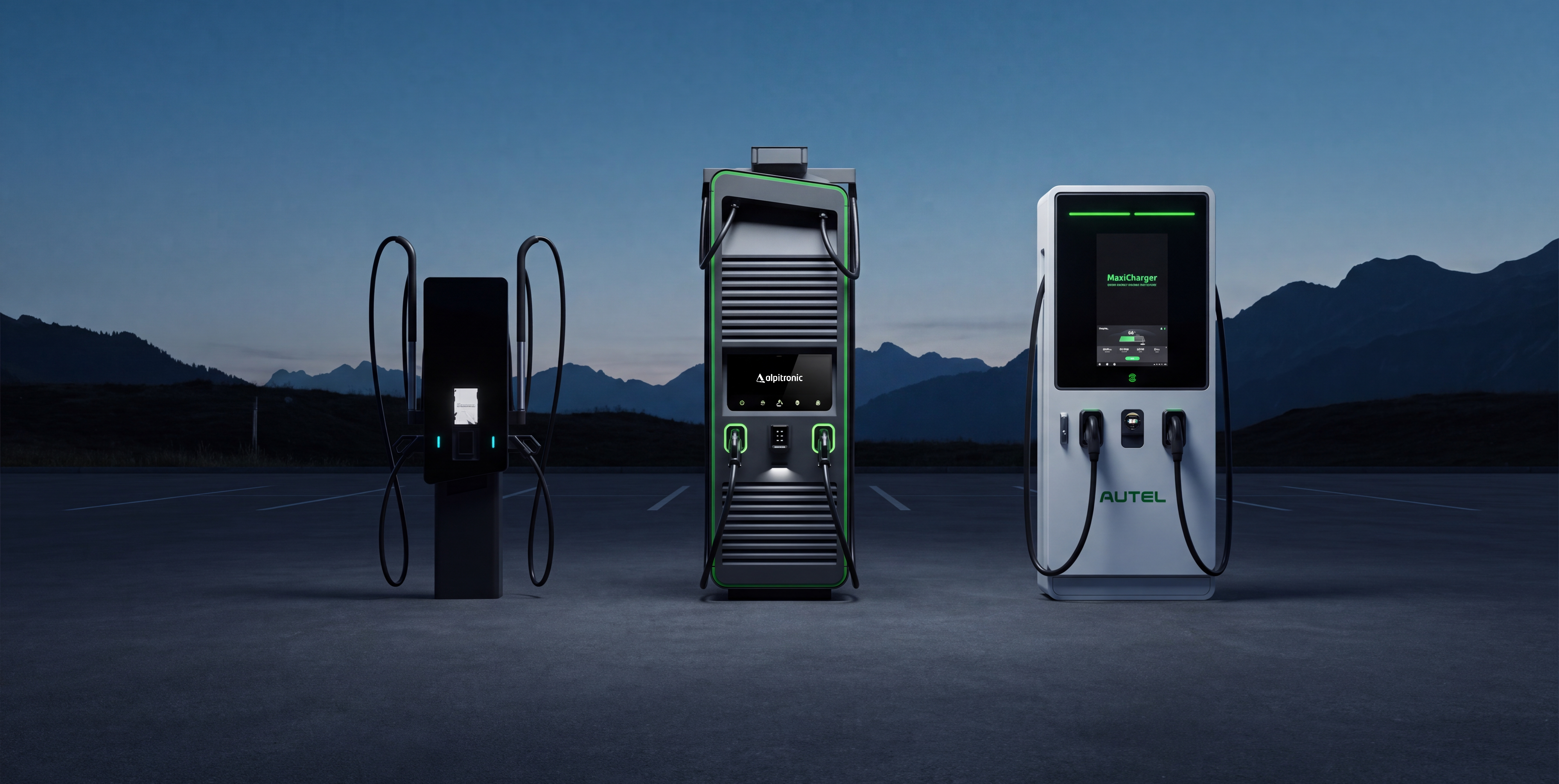DC-Schnellladestationen aus dem EnergyCharge-Sortiment vor alpiner Kulisse