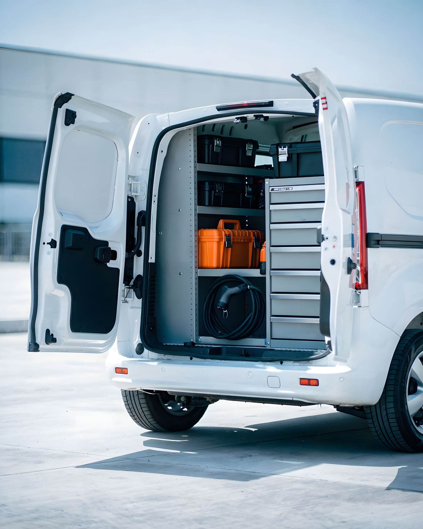 Offenes Heck eines weissen Servicefahrzeugs mit Regalsystem, orangem Werkzeugkoffer und Kabeltrommel