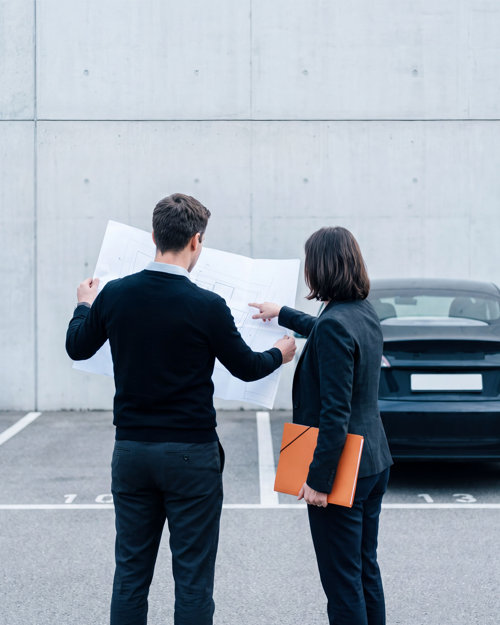 Zwei Fachleute vor einer Betonwand studieren gemeinsam einen ausgedruckten Plan, daneben ein parkiertes Auto