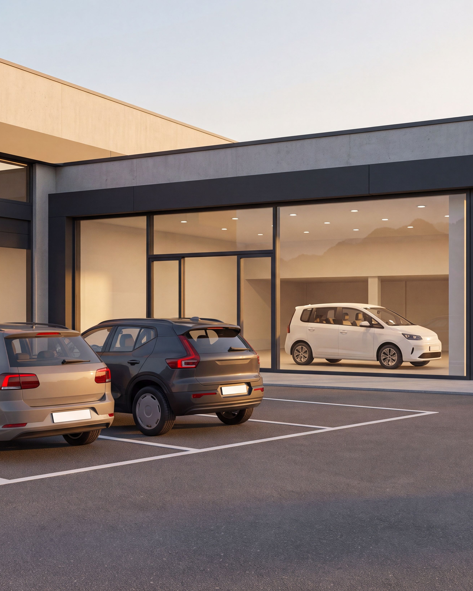 Autohaus in der Dämmerung mit beleuchtetem Showroom und Fahrzeugen auf dem Vorplatz