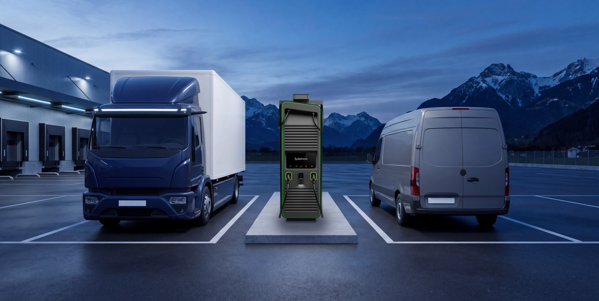 Logistikdepot in der Dämmerung: Elektro-Lastwagen und Lieferwagen an einer DC-Schnellladesäule