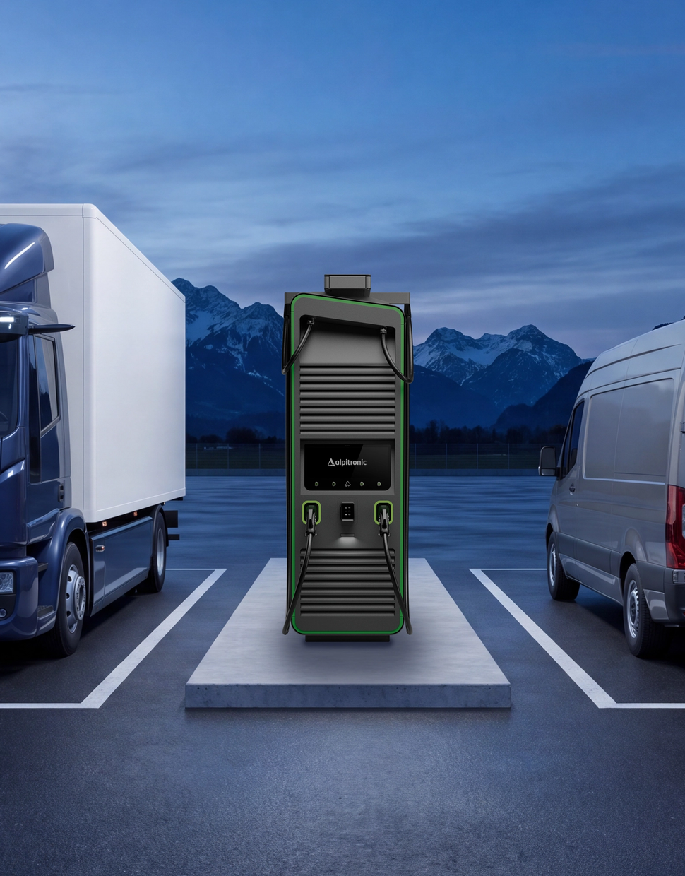 Logistikdepot in der Dämmerung: Elektro-Lastwagen und Lieferwagen an einer DC-Schnellladesäule