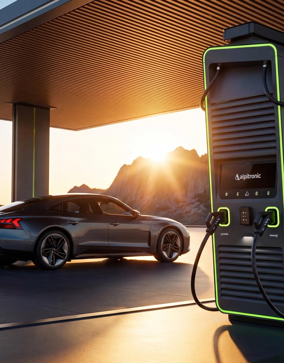 Elektroauto an einer Schnellladestation unter einem Solarcarport bei Sonnenuntergang