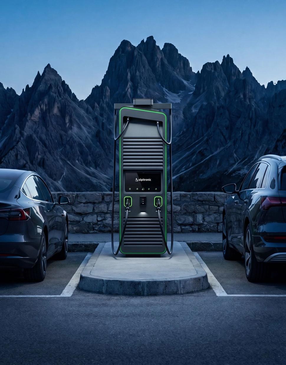 DC-Ladesäule zwischen zwei Fahrzeugen vor alpiner Bergkulisse