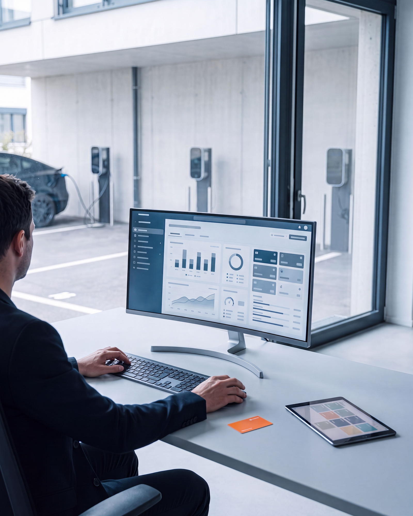 Arbeitsplatz mit Monitor und Auswertung, durch das Fenster Parkplätze mit Wandladestationen