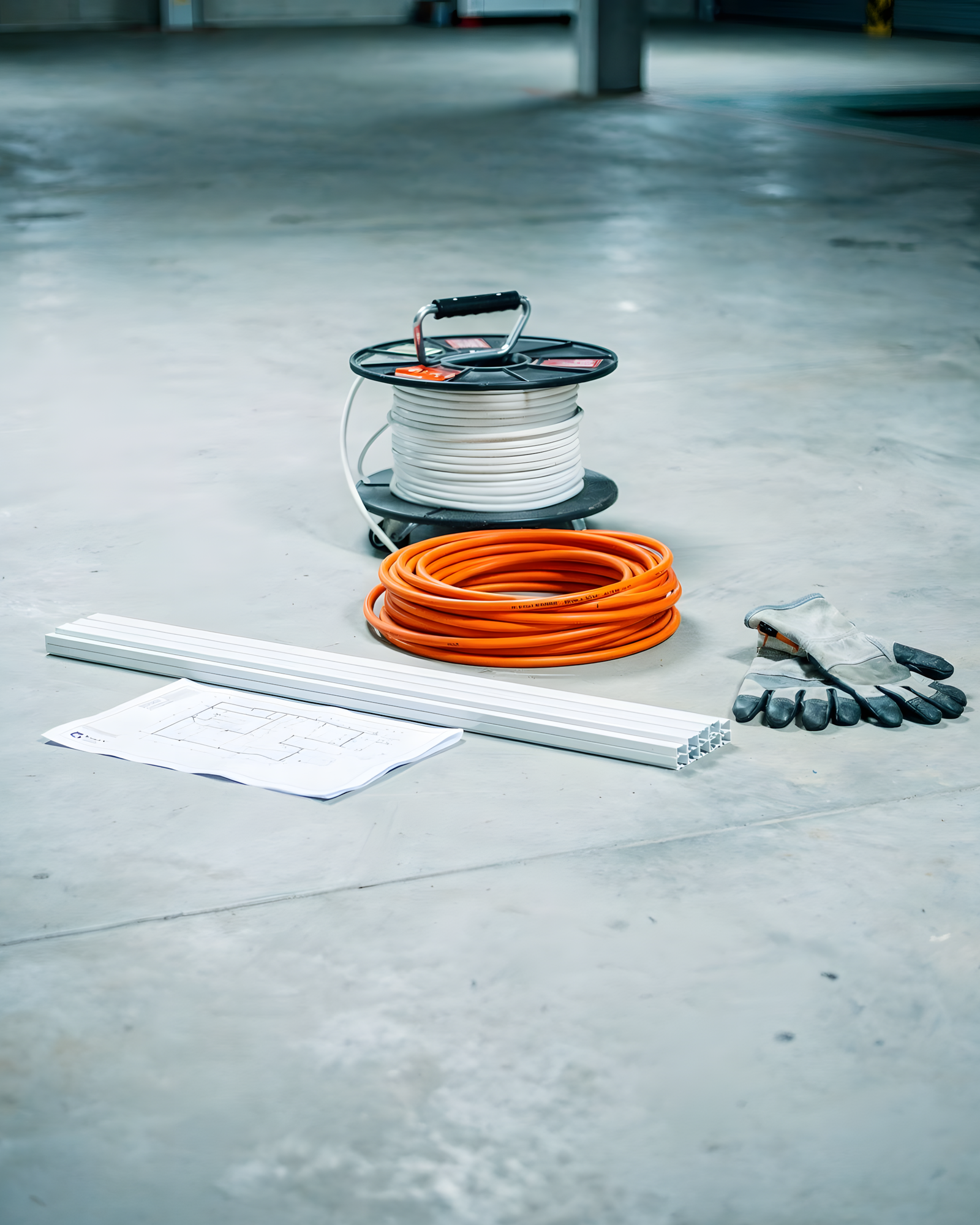 Elektromaterial auf Garagenboden: orange Leerrohrrolle, Kabelkanäle, Plan und Montagematerial