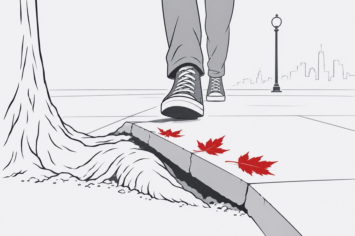 Minimal line illustration of a canvas high-top sneaker stepping toward a sidewalk slab lifted by tree roots, with three red leaves on the raised edge.