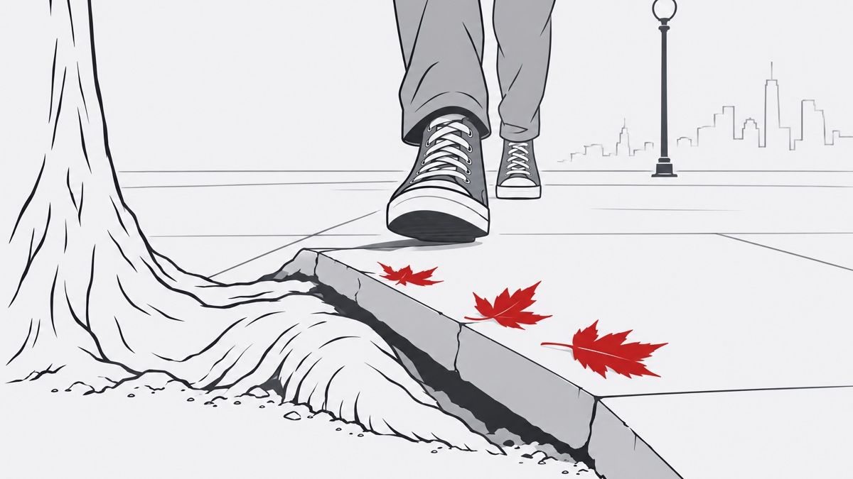 Minimal line illustration of a canvas high-top sneaker stepping toward a sidewalk slab lifted by tree roots, with three red leaves on the raised edge.