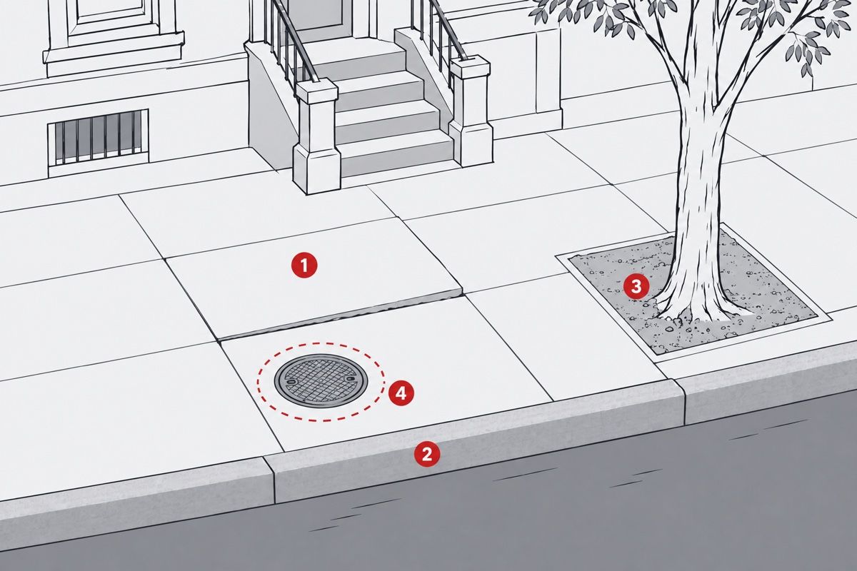 Diagram of a New York City sidewalk with four numbered zones: 1, the sidewalk flags in front of a building; 2, the curb; 3, the dirt tree well around a street tree; 4, a dashed ring 12 inches around a utility cover.