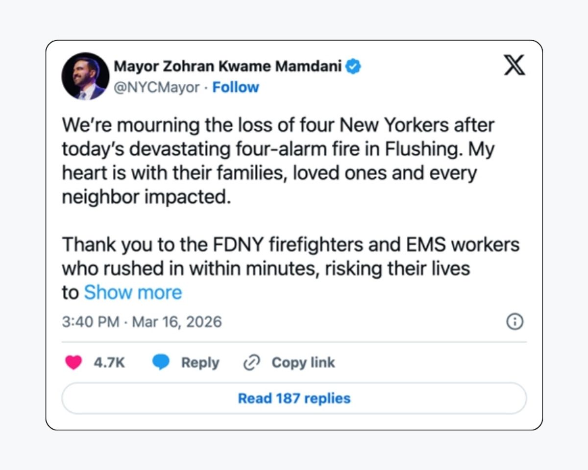 Mayor Mamdani quote  about fire at 44-49 College Point Boulevard