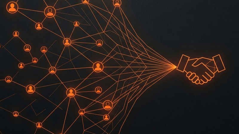 Abstract illustration of B2B lead generation with professional avatar nodes funneling toward a handshake