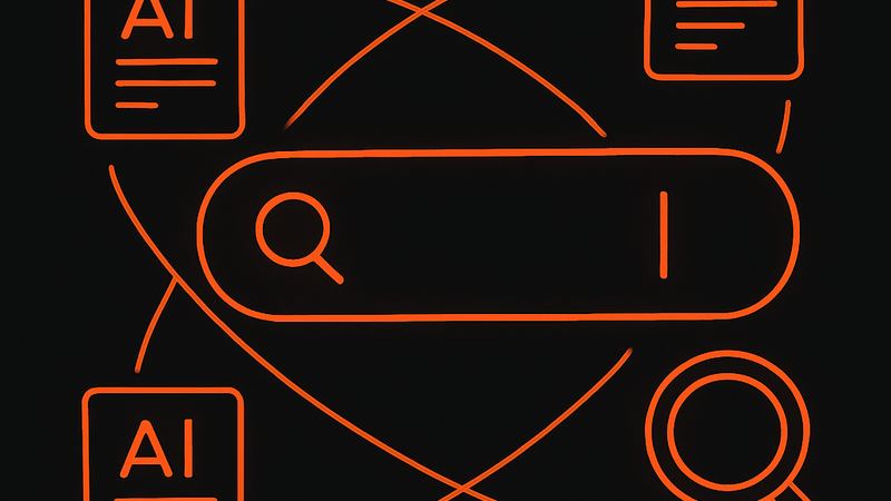 Abstract illustration of generative engine optimization with a search prompt and orbiting AI answer cards