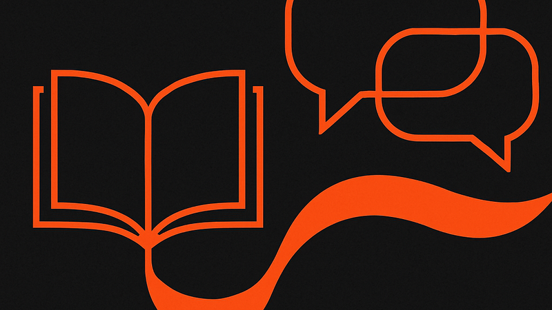 Abstract illustration of brand storytelling with a flowing ribbon forming an open book and speech bubbles