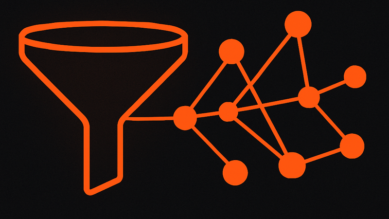 Abstract illustration of a B2B demand generation funnel turning into a connected audience network