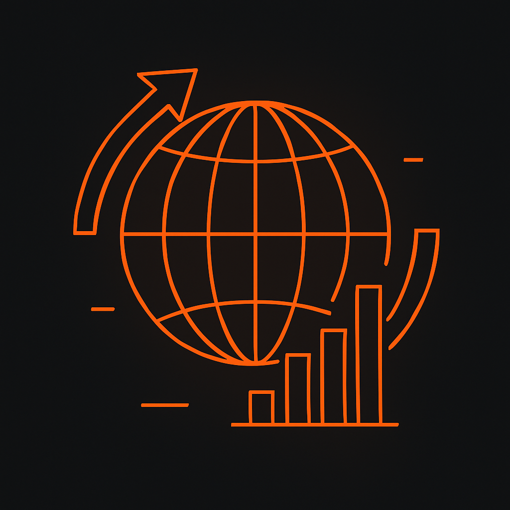 Abstract illustration of global media buying with a wireframe globe and ad bid arrows
