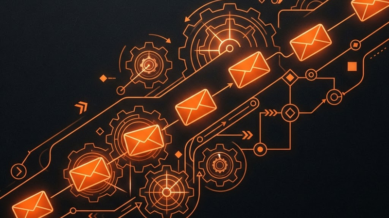 Abstract illustration of email marketing automation with envelopes flowing along an automated path with gears
