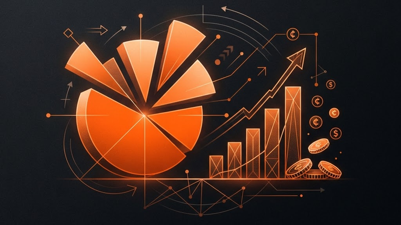 Illustrazione astratta di pianificazione budget marketing con grafico a torta, monete e barre in crescita