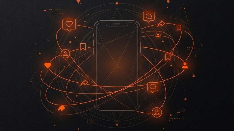 Abstract illustration of social media marketing with engagement icons orbiting a smartphone