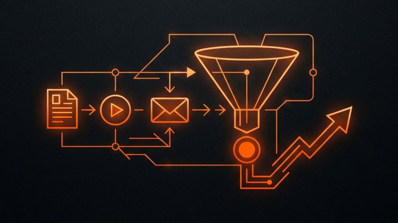 Abstract illustration of a content marketing framework with content blocks flowing into a conversion funnel
