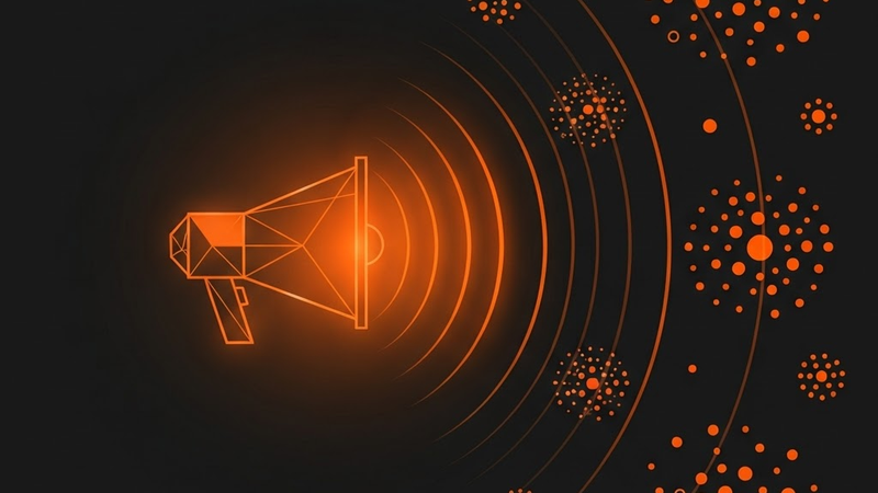 Illustrazione astratta di influencer marketing con un megafono che raggiunge gruppi di pubblico micro e macro