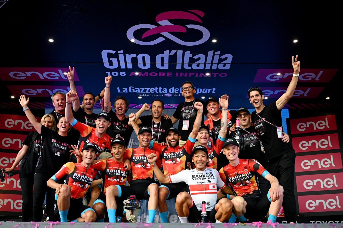 Haig and his team celebrating the win of the team competition at the 2023 Giro d'Italia