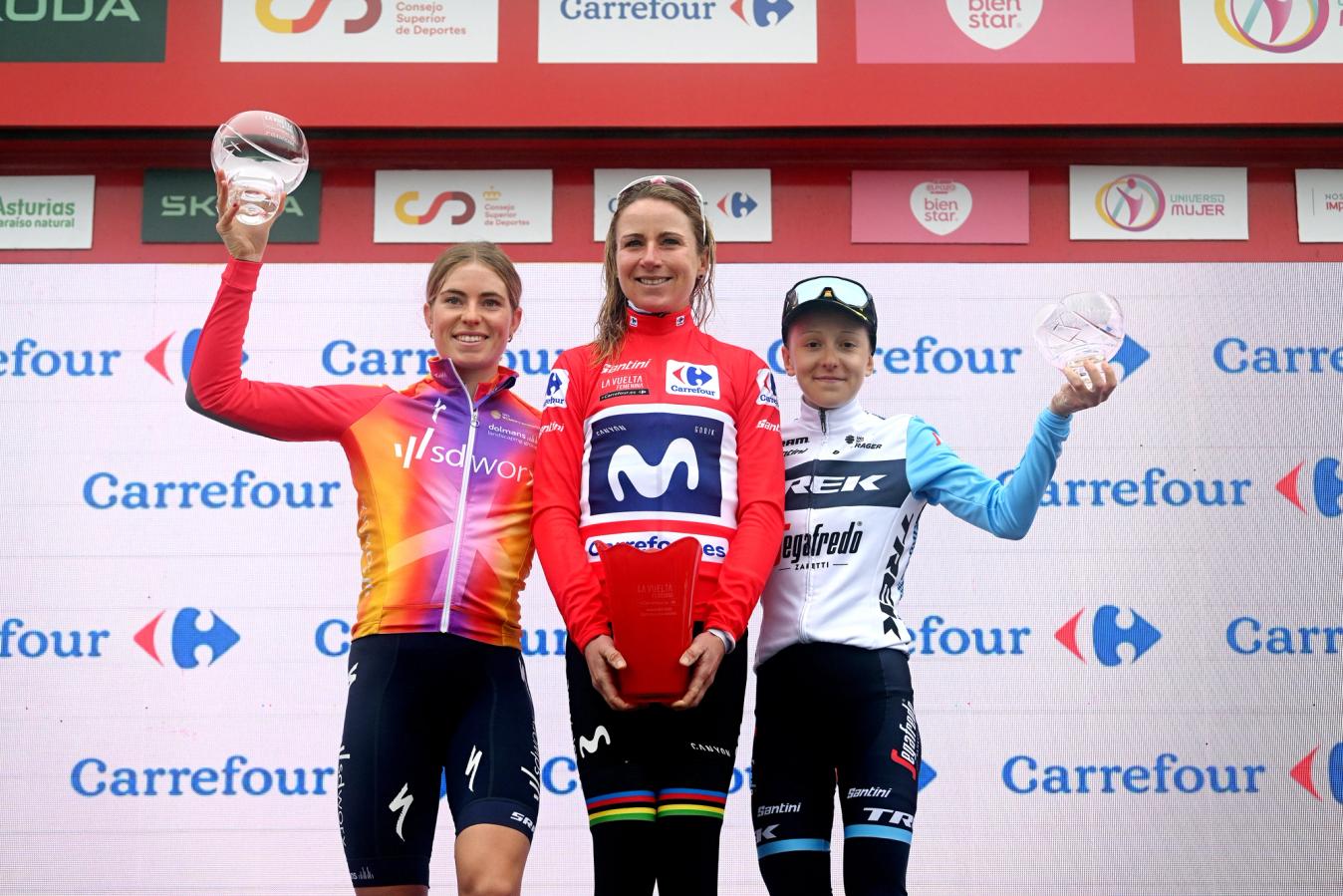 Pictured here alongside Demi Vollering (left) and Annemiek van Vleuten (middle), Gaia Realini climbed with the very best at La Vuelta Femenina and even came away with a stage win