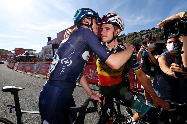 Romain Bardet and Remco Evenepoel at the finish of stage 14 of the Vuelta a España