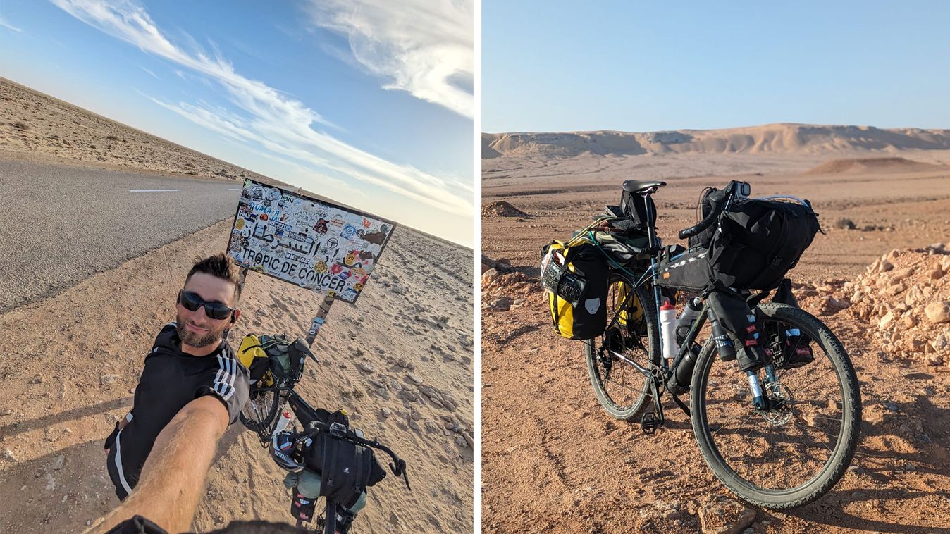 MacLennan at the Tropic of Cancer and his bike in the Sahara 