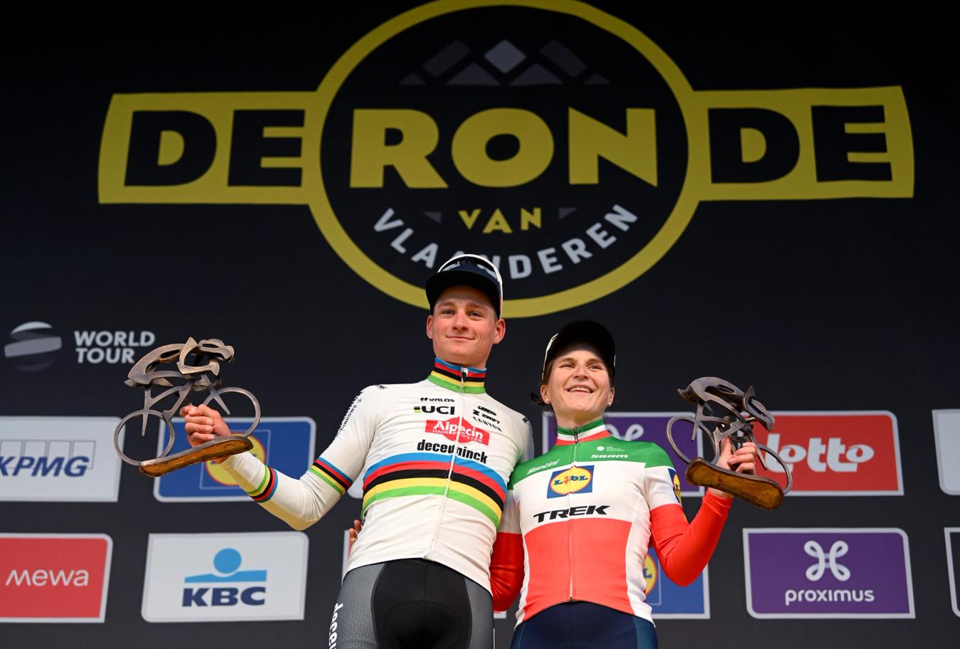 Van der Poel (left) and Elisa Longo Borghini (right) stand on the podium at the Tour of Flanders