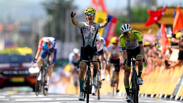 Pello Bilbao (Bahrain Victorious) celebrates his first stage win at the Tour de France