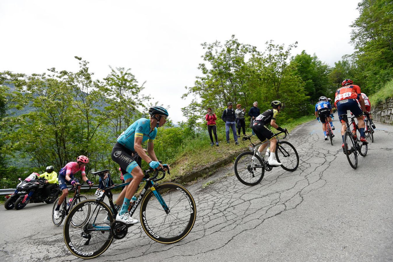 Riders tackle the viciously steep slopes of the Mortirolo during the 2019 Giro d'Italia