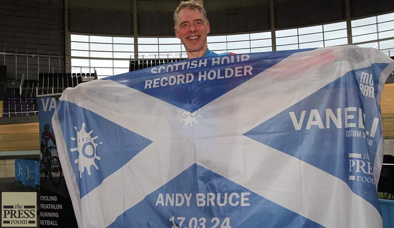 Andy Bruce celebrates taking the new Scottish hour record: 47.523km