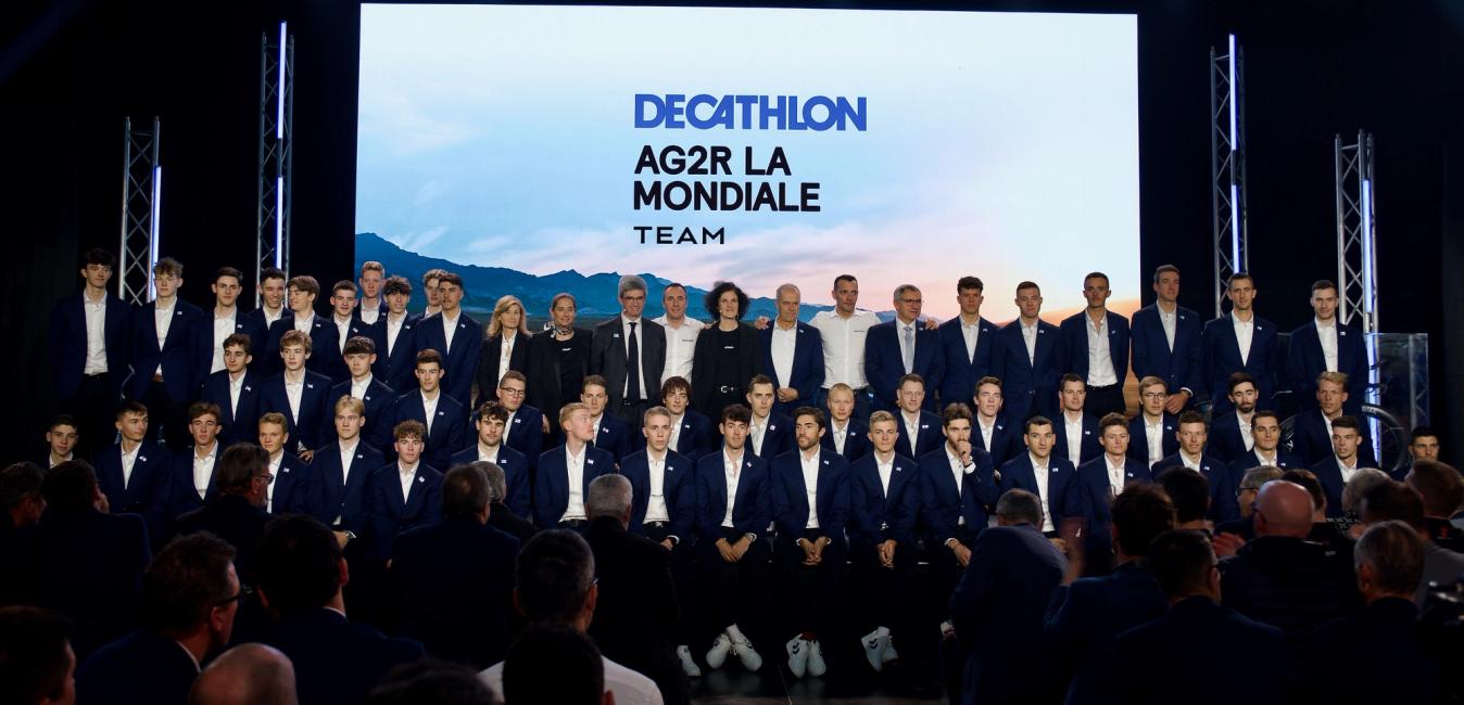 The riders and staff at the Decathlon-AG2R La Mondiale team presentation in Lille