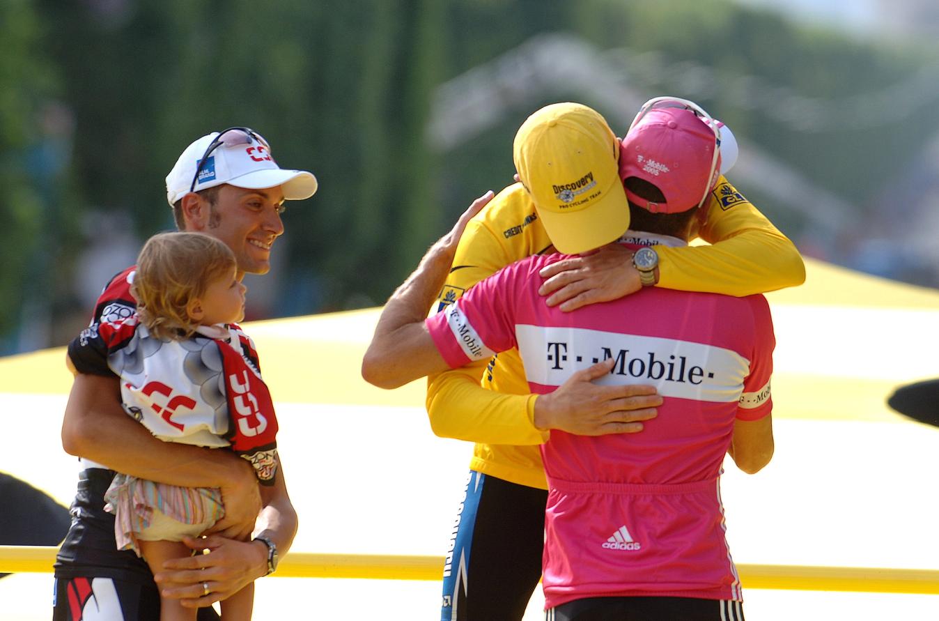 Lance Armstrong has hugged a rival before- here he is embracing Jan Ullrich on the podium of the 2005 Tour de France