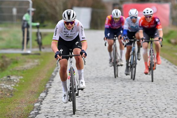 Lotte Kopecky in full flight at Nokere Koerse, her lone win on the cobbles this spring