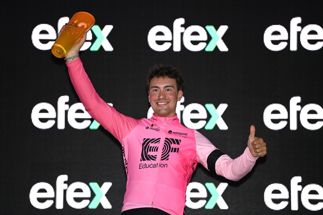 Alberto Bettiol is all smiles after winning the prologue of the Santos Tour Down Under