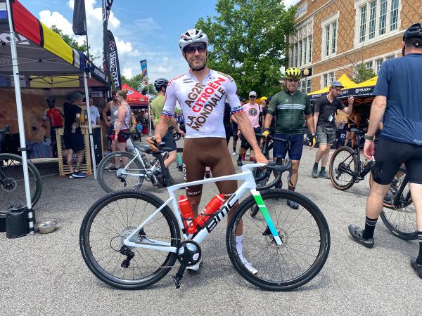 Larry Warbasse, five days from finishing the Giro d'Italia and one day removed from a trans-Atlantic flight, was still tinkering with his setup the eve of his first gravel race
